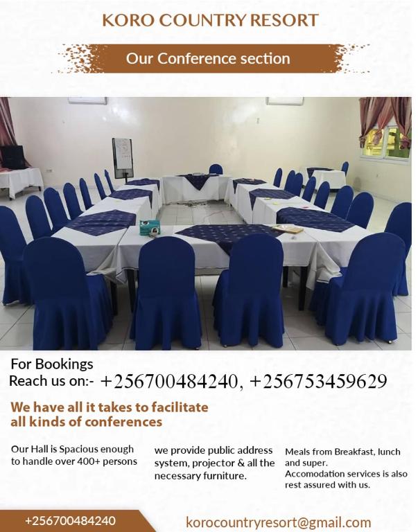 a flyer for a conference room with tables and blue chairs at koro country resort in Gulu