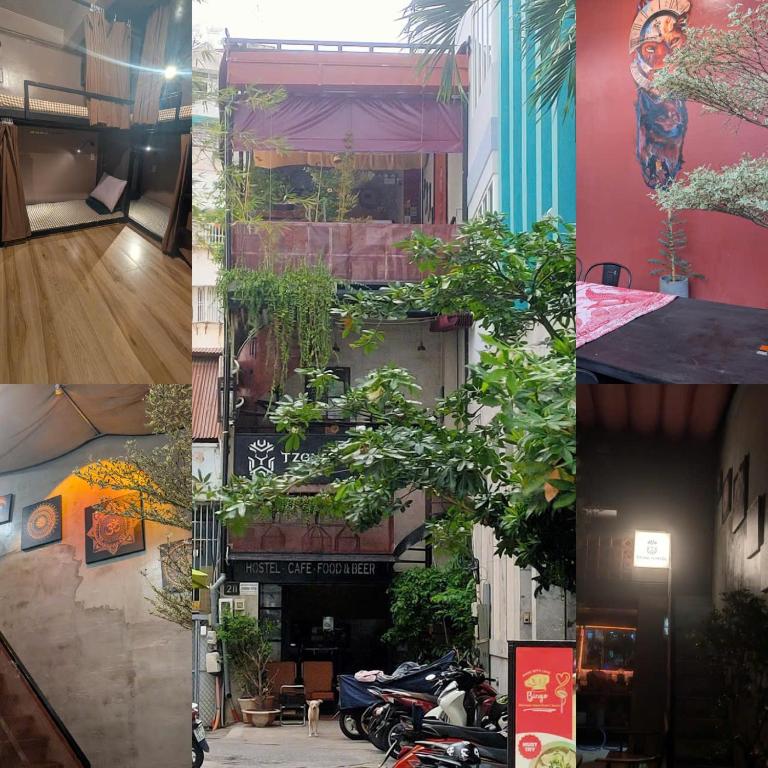 a collage of photos of a building with plants at T Zone Hostel - Quiet Place, Near China Town,Ho Thi Ky Street Food,Cafe,Beer in Ho Chi Minh City