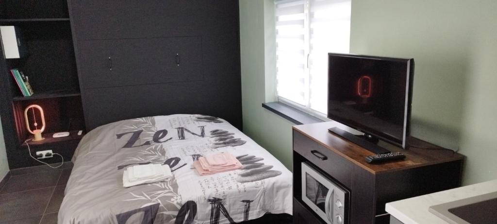 ein Zimmer mit einem Bett, einem Fernseher und einem Fernseher in der Unterkunft Ravito in Peissant