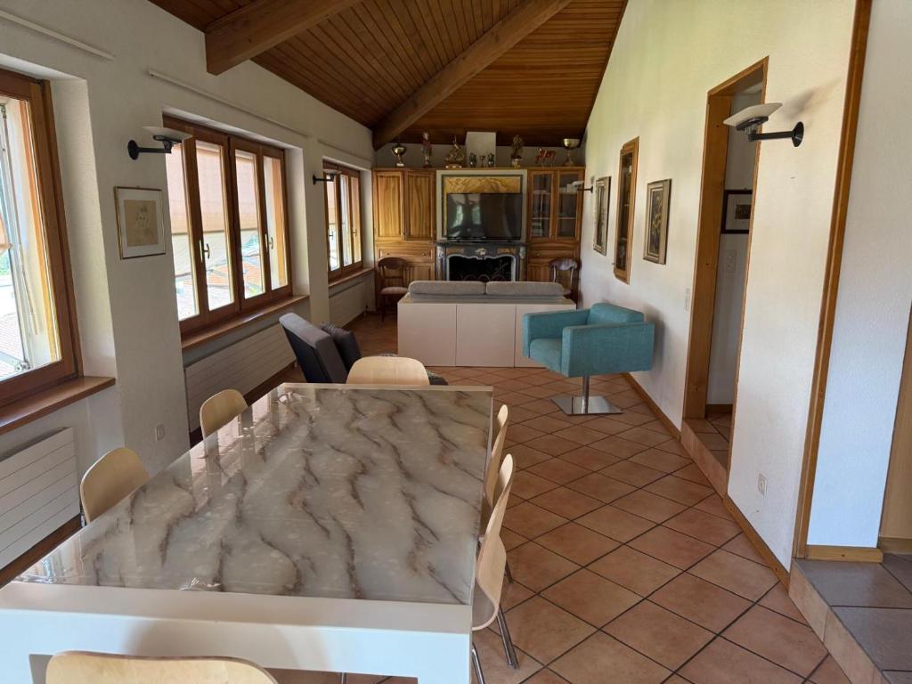 a dining room with a table and a kitchen at Executive Lake View with Private Garden in Lugano