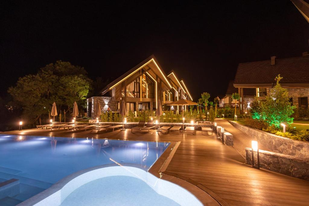 a house with a swimming pool at night at Monte SPA Villas in Banya