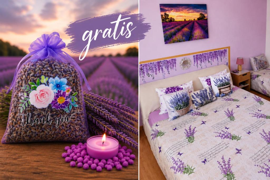 a bedroom with a bed in a field of lavender at Apartman Lavanda M in Trebinje