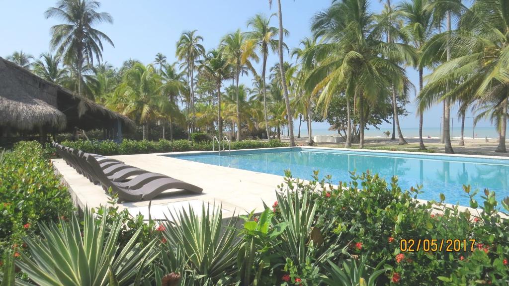 una piscina en un complejo con palmeras en Hukumeizi Hotel en Palomino