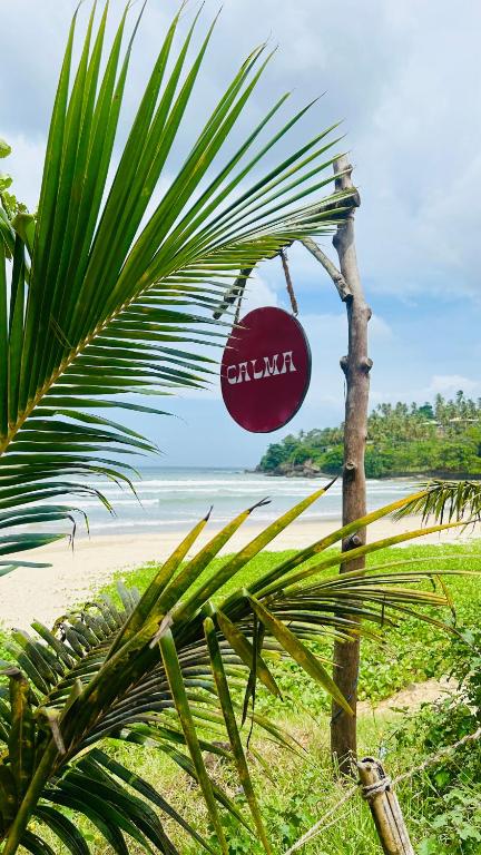 a sign on a beach next to a palm tree at Calma Cafe - Surf, Stay and Yoga in Dickwella