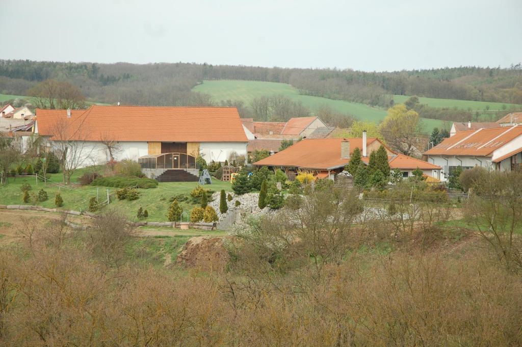 a group of houses in a village with trees at Čarodějnický Dvůr in Biskoupky