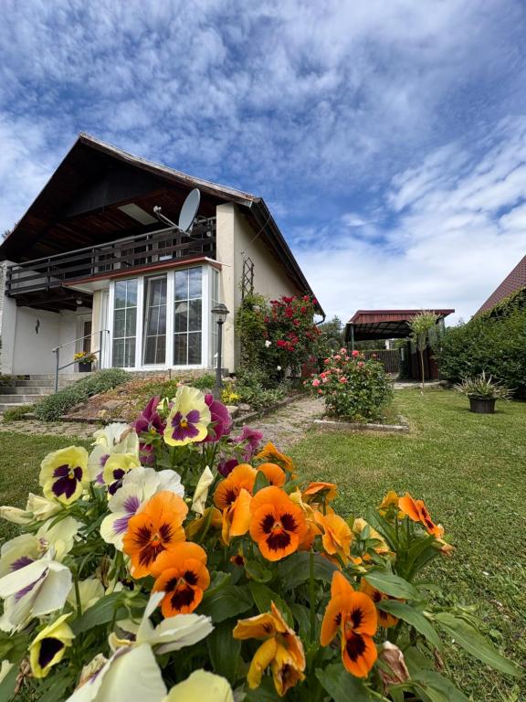 a house with a bunch of flowers in the yard at Privat Medo in Děpoltovice