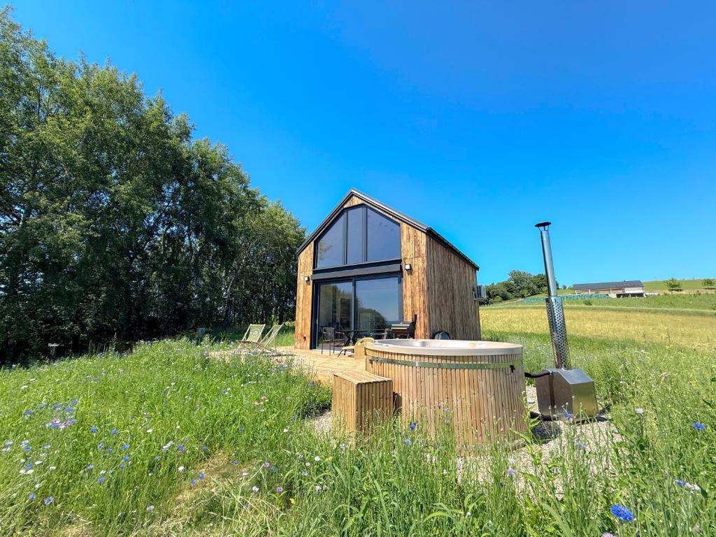 a small house with a window and a tub in a field at Ostoja Janowice in Janowice
