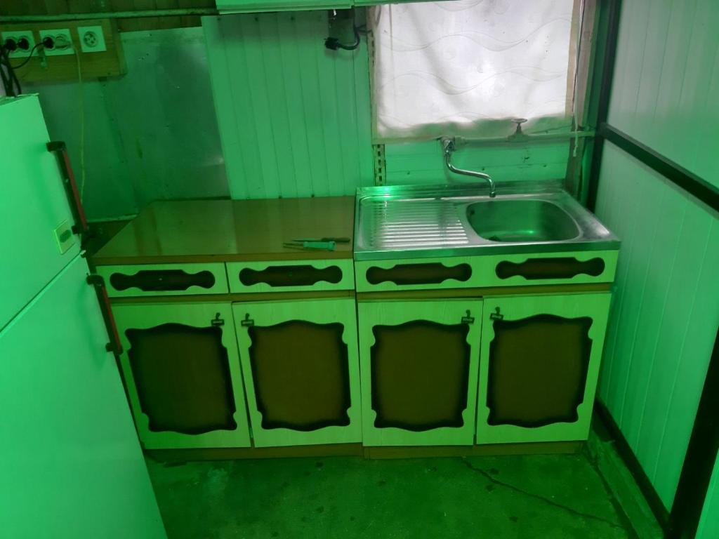 a kitchen with a stove and a sink at Gradishte beach Ohrid in Ohrid