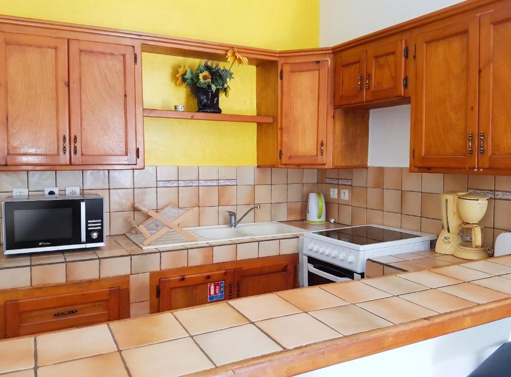 a kitchen with wooden cabinets and a sink and a microwave at Charming Apartment in La Savane - 65 m² - Terrace with View in Happy Bay