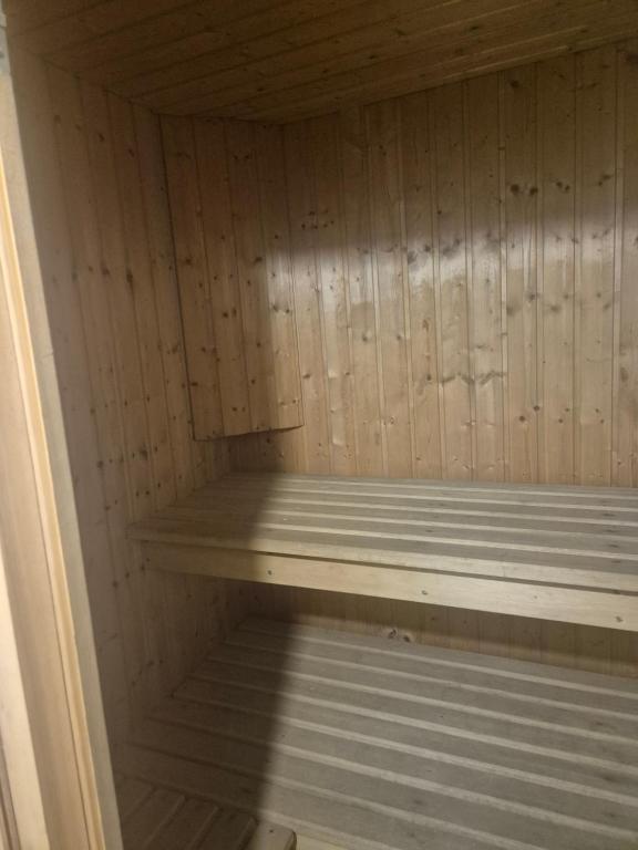an empty sauna with wooden walls and wooden shelves at Ferienwohnung KEMS in Gundelsheim