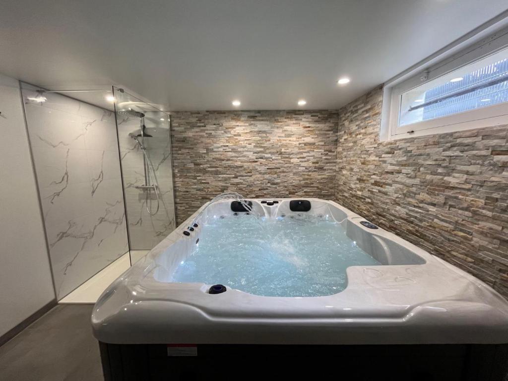 a large bath tub in a bathroom with a window at Luxury suite lilas 5 in Dijon