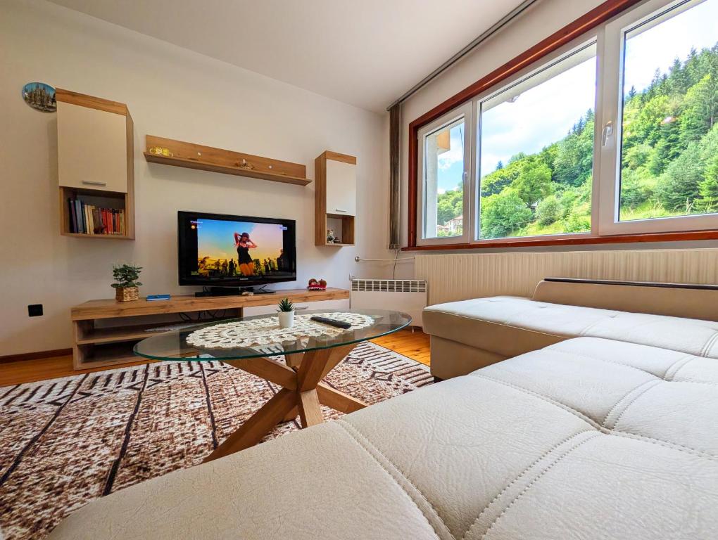 a living room with a couch and a tv at Апартамент Извор 6 in Smolyan