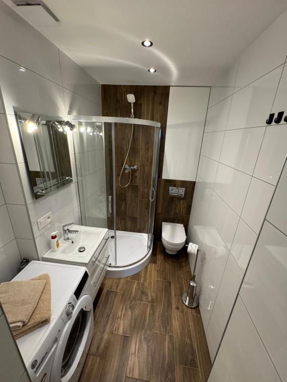 a bathroom with a shower and a sink and a toilet at Zamkowa18 in Pabianice
