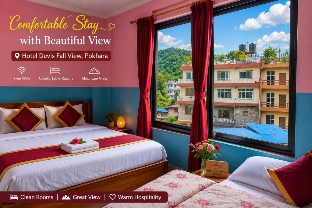 a bedroom with a bed and a window with a view at Hotel Devi's Fall View in Pokhara
