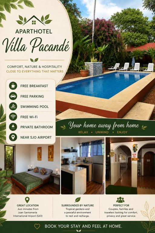 a flyer for a villa paradise with a swimming pool at ApartHotel Villa Pacande & Rooms in Alajuela