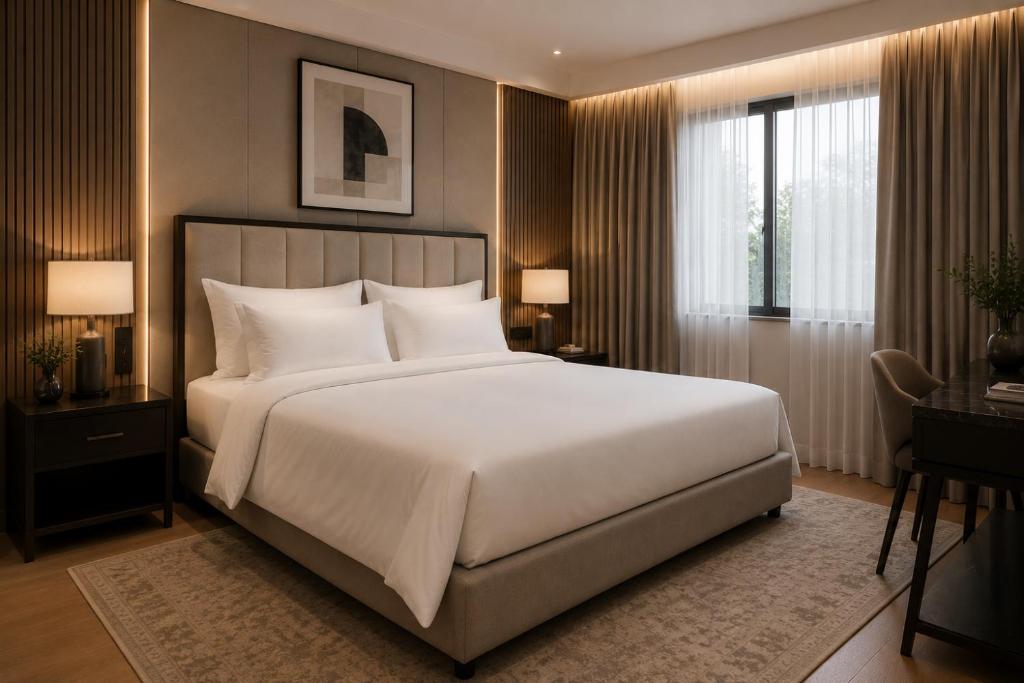 a bedroom with a large white bed and a desk at Hotel Airport Elite Suit Near Delhi Airport in New Delhi