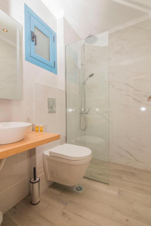 a bathroom with a shower and a toilet and a sink at Akrotiri Vasiliki in Vasiliki
