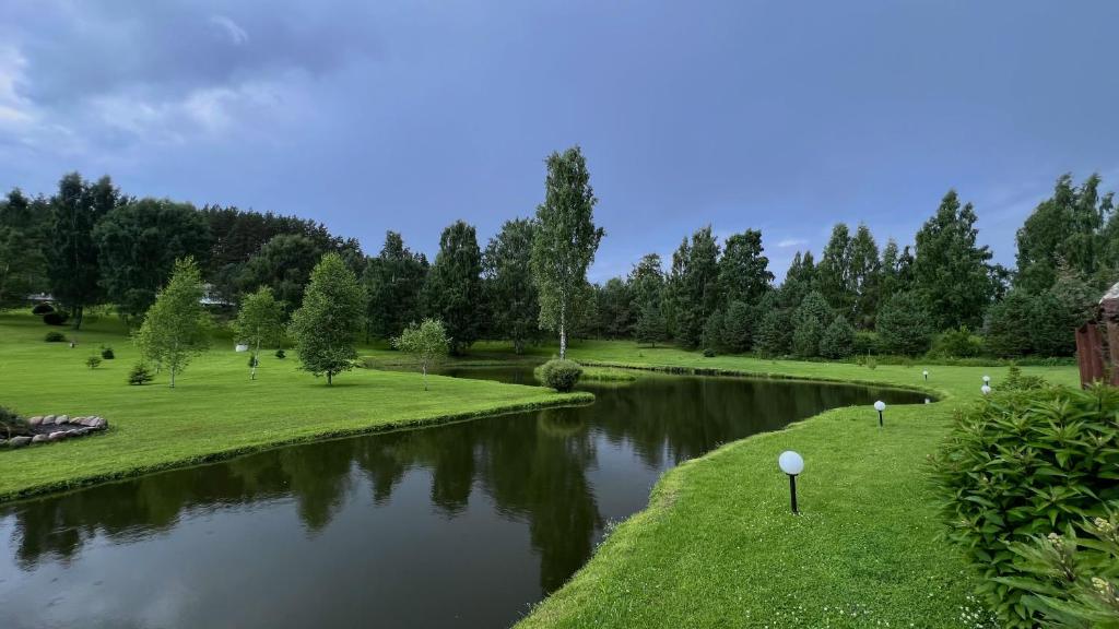 a river in a park with grass and trees at Välgi Puhkepesa in Välgi