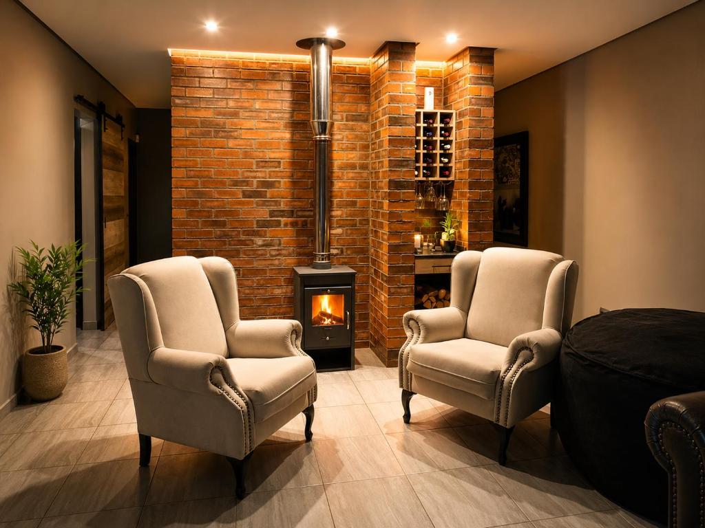 a living room with two chairs and a fireplace at Lloyds - 3 in Ermelo