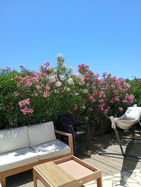 a couch and chairs on a patio with pink flowers at Iris in Valras-Plage