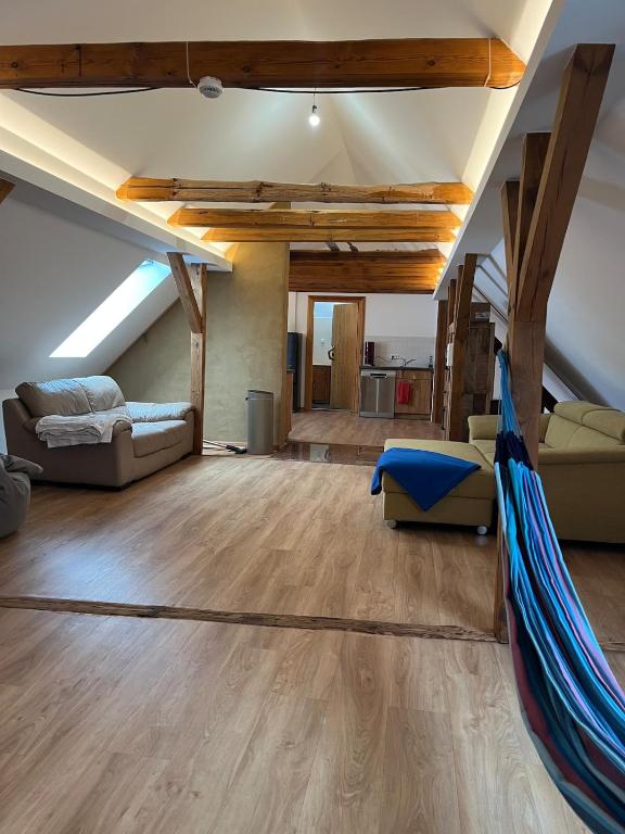 a living room with a hammock in a loft at Studio-Style Apartment in Spreenhagen