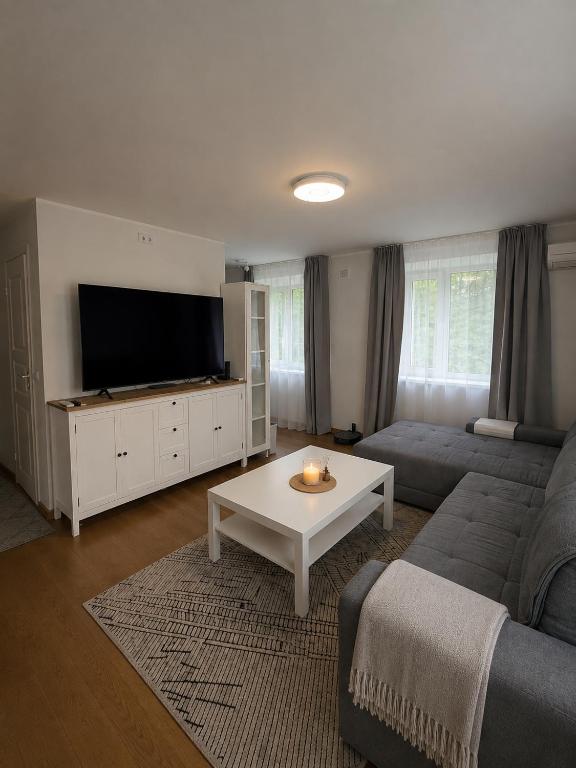 a living room with a couch and a tv at AM Apartment in Tallinn