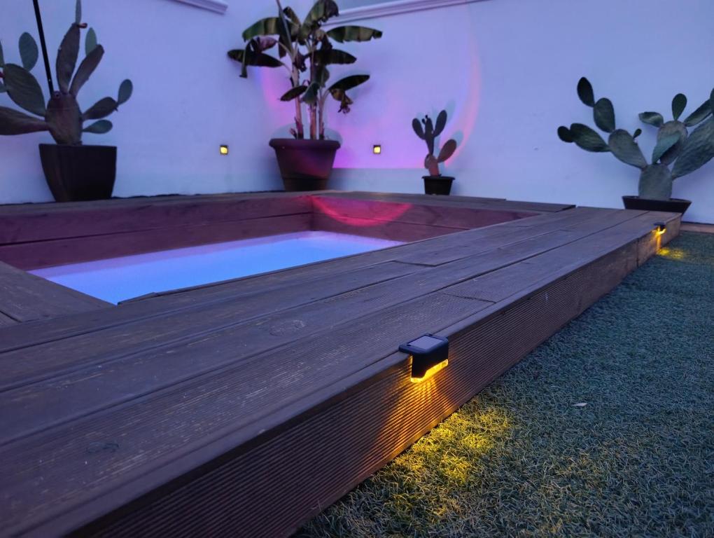 a swimming pool with lights in a room with plants at Bed & Relax in Lizzano