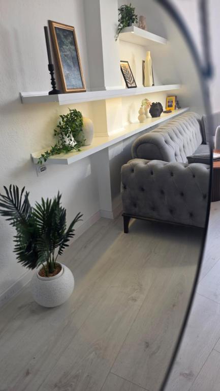 a living room with a couch and a plant in a mirror at Square View Apartment Center Niksic in Nikšić