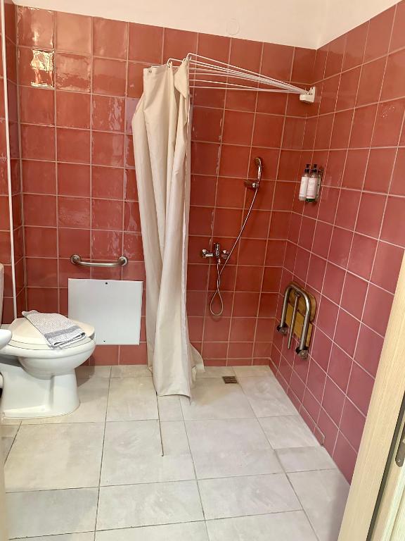 a red tiled bathroom with a toilet and a shower at Glikis ear apartments in Gliki