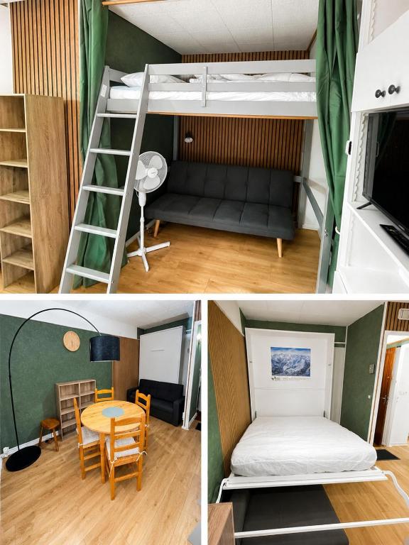 three pictures of a room with a bunk bed and a table at Appartement pied ESF in La Toussuire