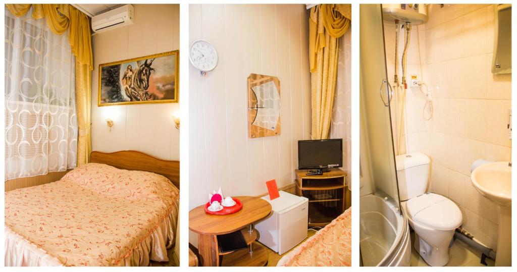 duas fotografias de um quarto com uma cama e uma casa de banho em Inn Mega em Ussurijsk