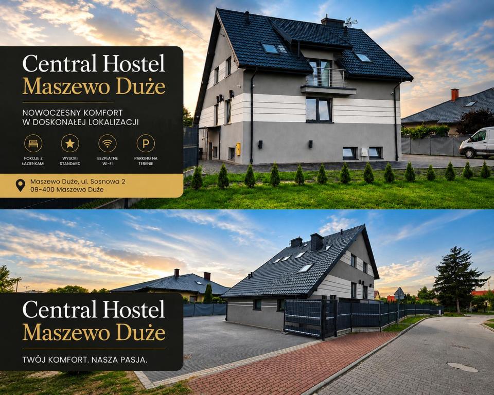 two pictures of a house with a sign in front of it at Central Hostel in Maszewo Duże