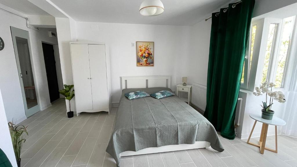 a bedroom with a bed and a green curtain at Studio Rodica in Zalău