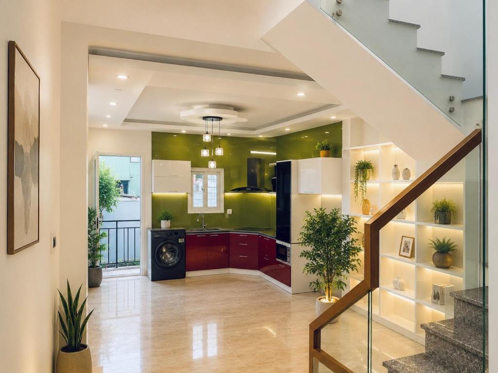 a staircase in a home with green walls at David Home in Danang