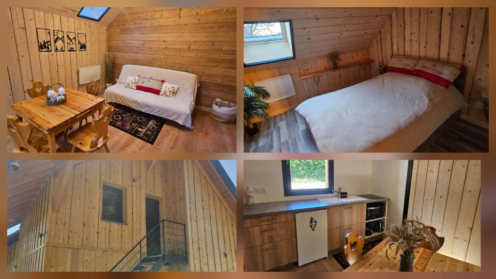 three pictures of a room with a bed and a table at Le chalet chartreux in Sarcenas