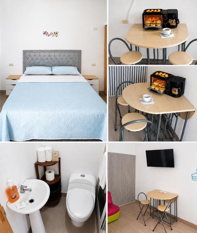 a room with a bed and a table with a toilet at Como en Familia in Esquipulas