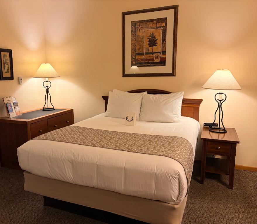 a hotel room with a bed and two lamps at Whitetail Creek Resort in Lead