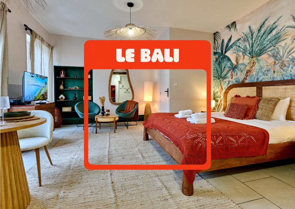 a hotel room with a bed and a living room at Studio Bali en hyper centre de Nevers in Nevers