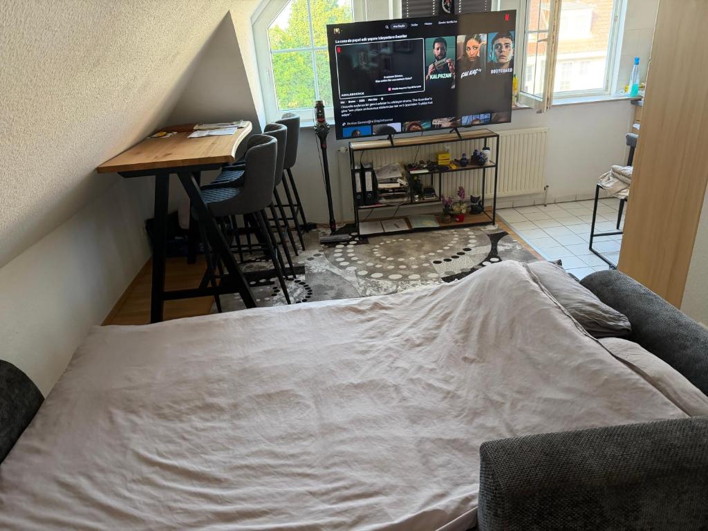 a bedroom with a bed and a desk and a tv at Gemütlicher Aufenthalt mit Netflix & perfekter Anbindung! in Elmshorn