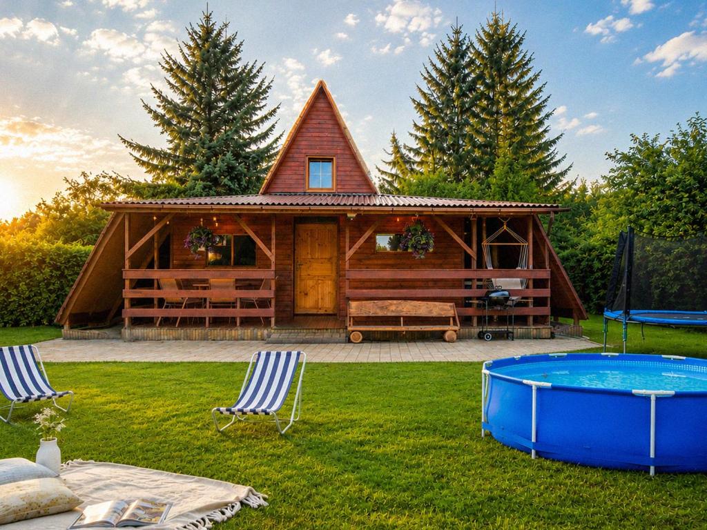 a log cabin with a pool in the yard at DOM LAS - natura, relaks, jacuzzi. in Mianów