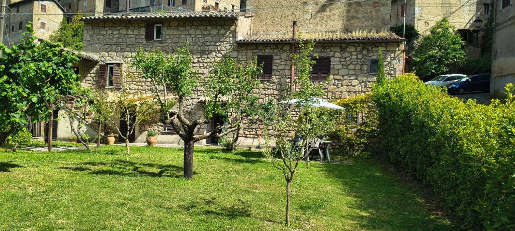 a house with an umbrella and a tree in a yard at Casa Biscarello - Borgo e Lago in Grotte di Castro