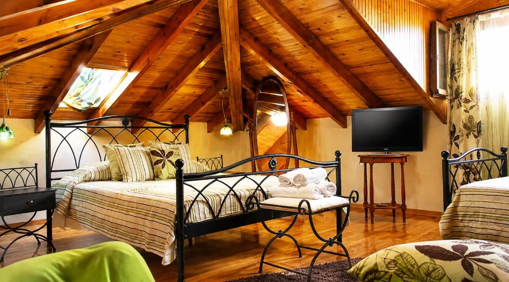 a bedroom with a bed and a tv in a room at Filyra Pension in Nafplio