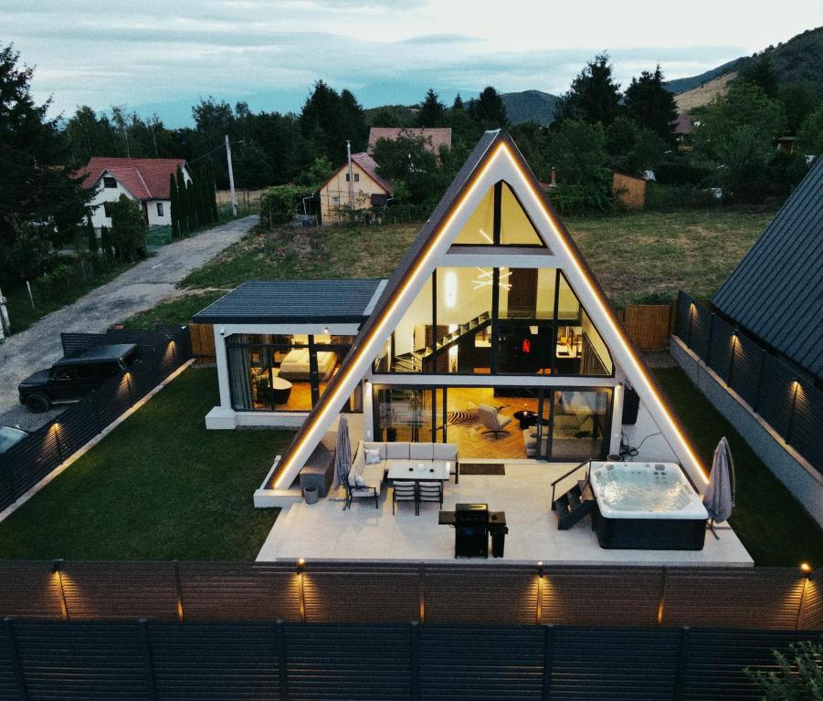 an overhead view of a house with a roof at LUMA Lodge in Sadu