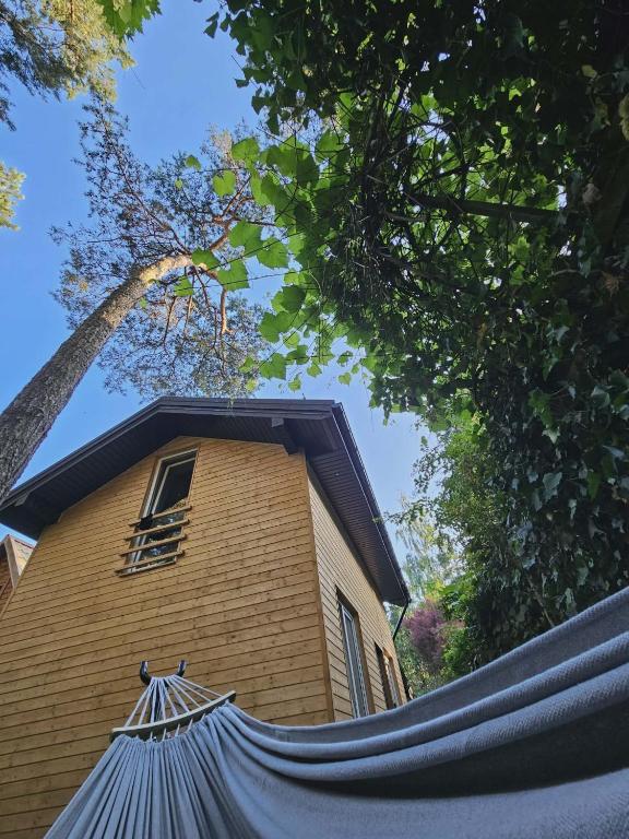 a building with a hammock in front of it at Sosnowa Ostoja Jurata in Jurata
