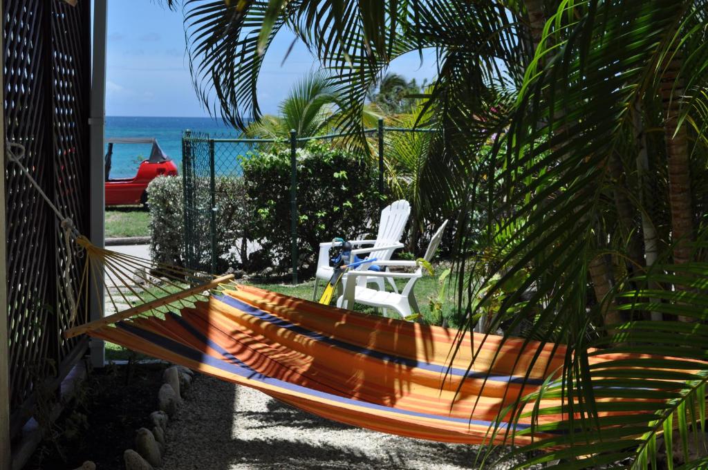 a hammock on the side of a house next to the ocean at Sea-view Apartment in Christ Church