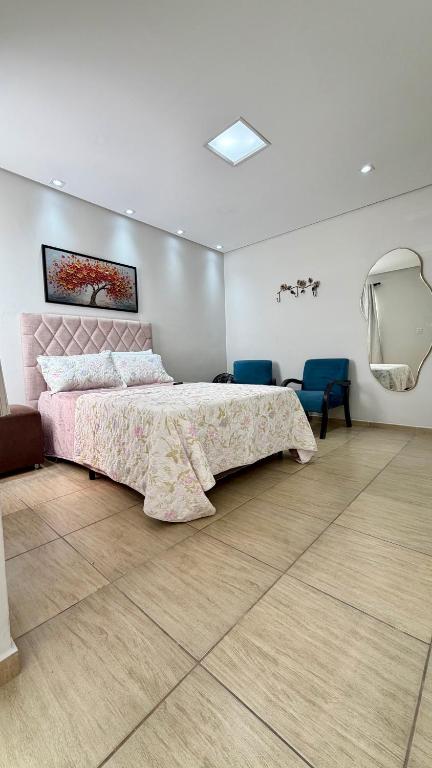 a bedroom with a large bed and a mirror at Espaço Primavera in Pouso Alegre