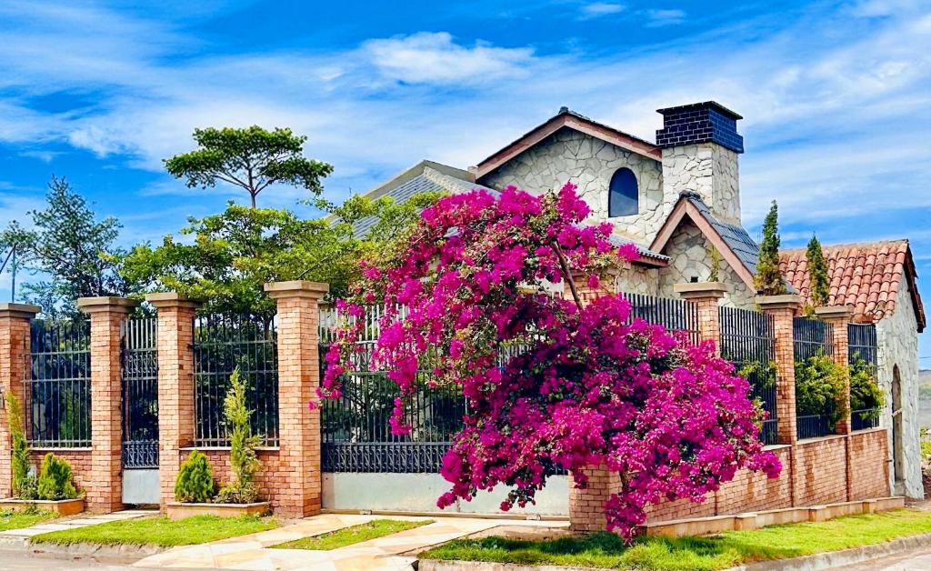a house with a fence with a flowering tree at Chalé Jardim Itália em Tianguá in Tianguá