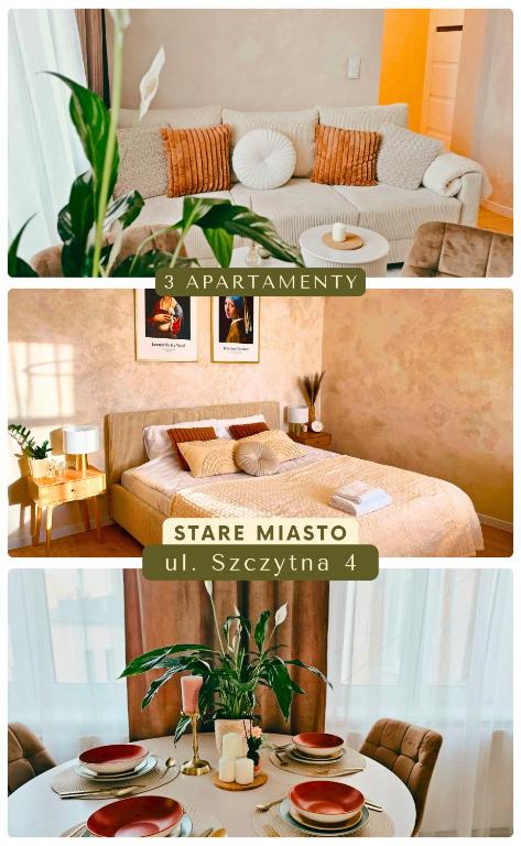 a living room with a bed and a table with plates on it at Apartamenty Paryskie Old Town View in Toruń