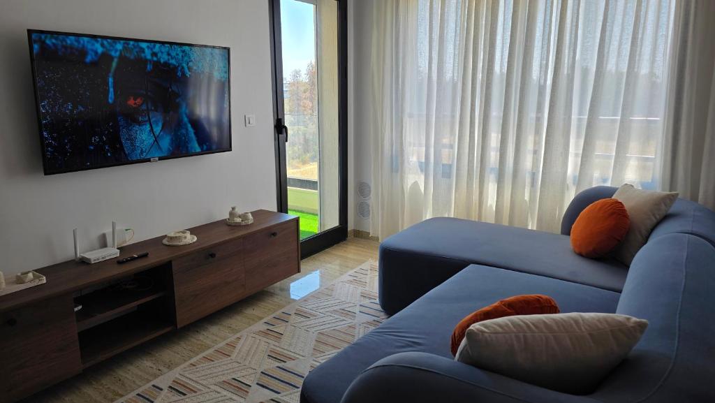 a living room with a blue couch and a tv at Cozy Urban Nest in La Marsa