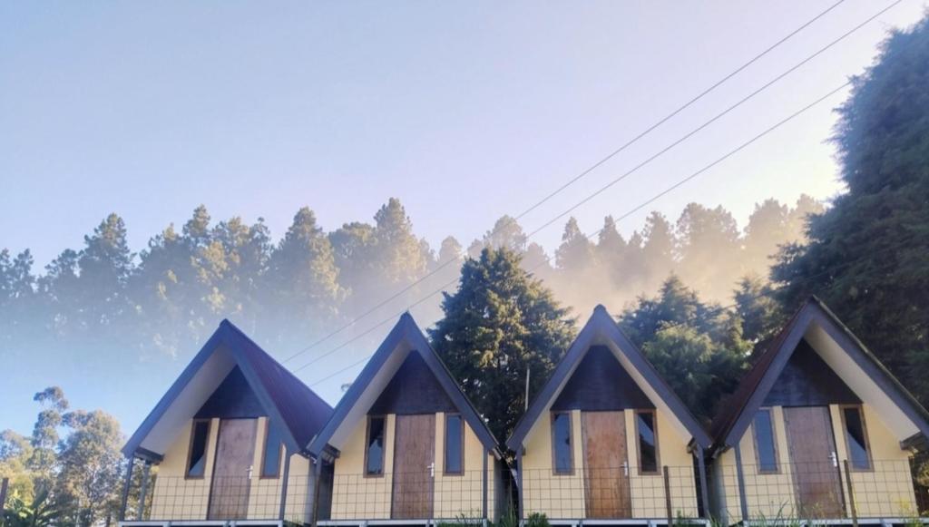 a building with blue roofs in front of a forest at Sabda Desa Cabin in Cinyiruan
